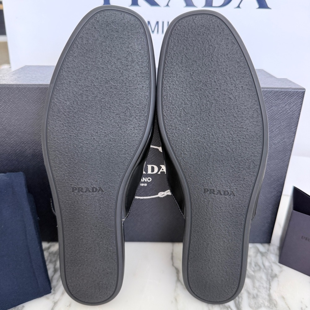 Prada Milano Black Leather Mule Slides Gold Logo Slip On Flat Shoes Mens UK7 - Picture 12 of 13